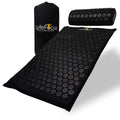 Black acupressure mat with roller and carrying bag on a white background, featuring Lyfe Focus branding.