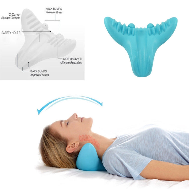 Blue neck pillow with diagram and woman lying down using it on a white background
