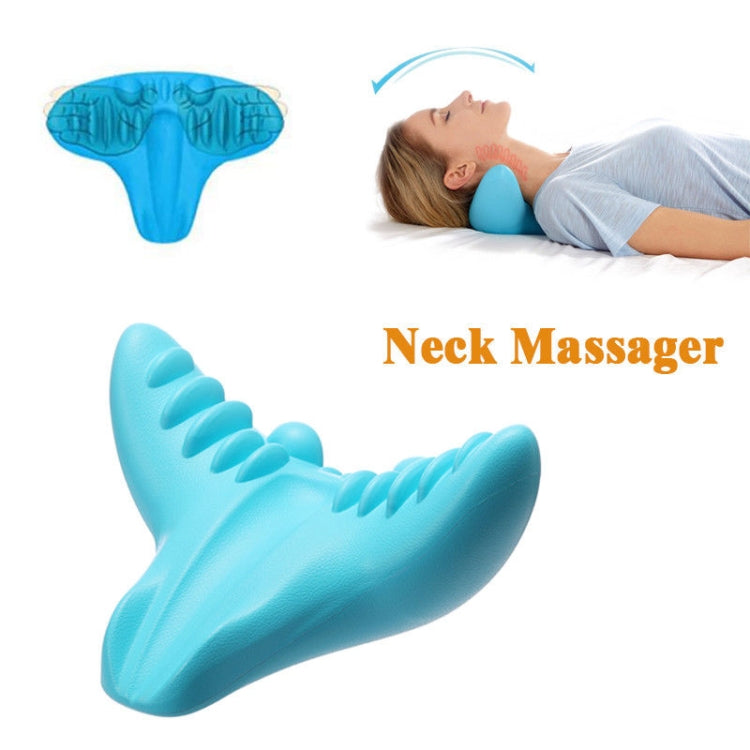 Blue neck massager with a person using it, labeled 'Neck Massager'.