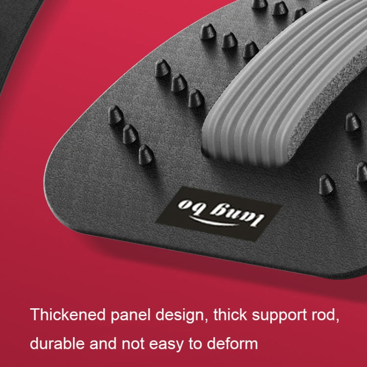 Black massage device with a support rod on a red background, featuring the brand 'Laing Bo'.
