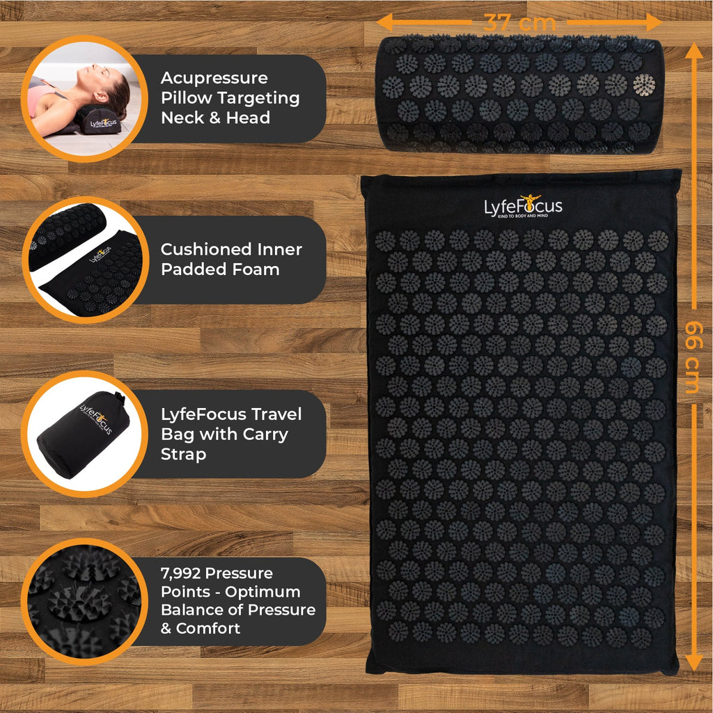 Black acupressure mat with features highlighted on a wooden surface