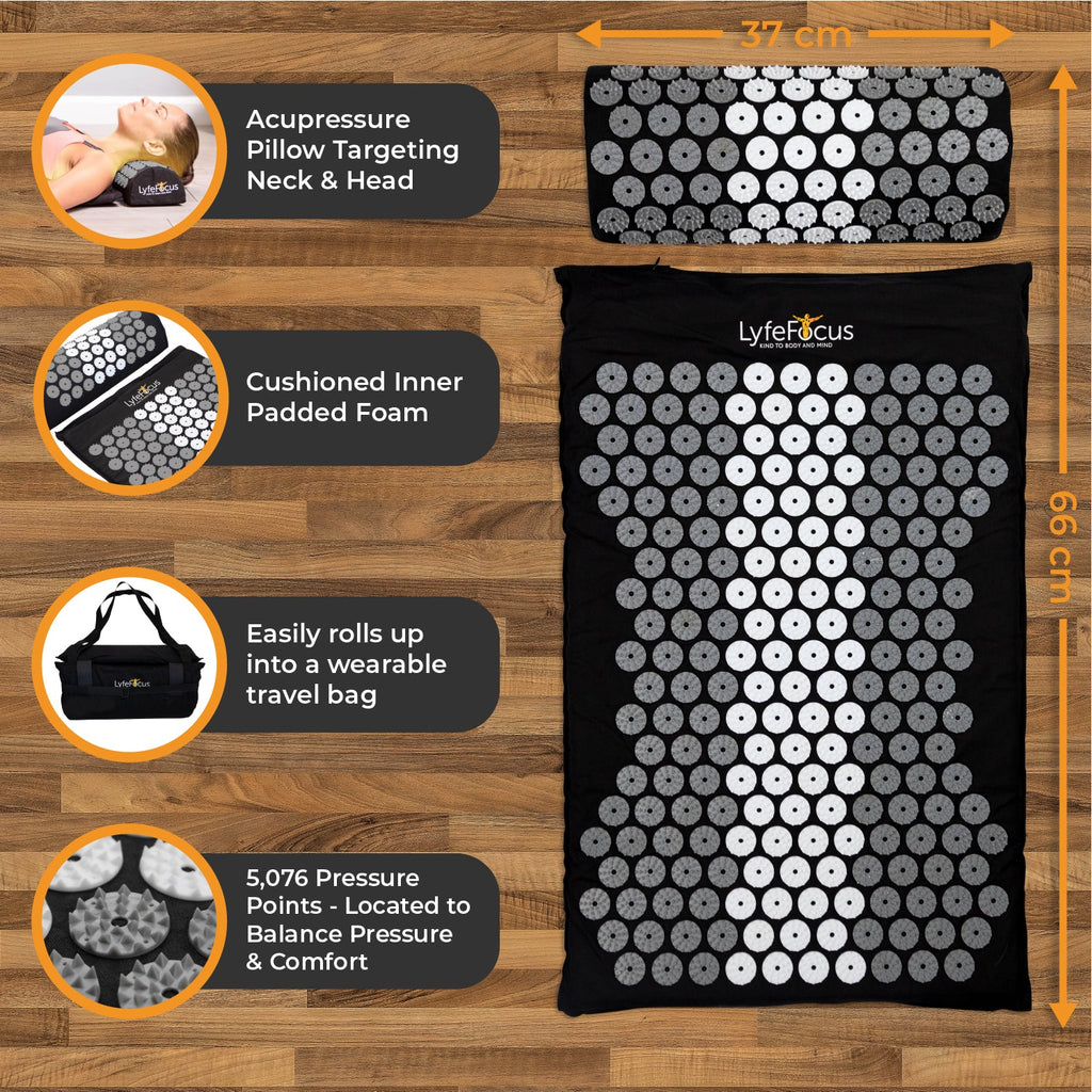 Acupressure mat with Lyfe Focus branding on a wooden surface, showing dimensions and features.