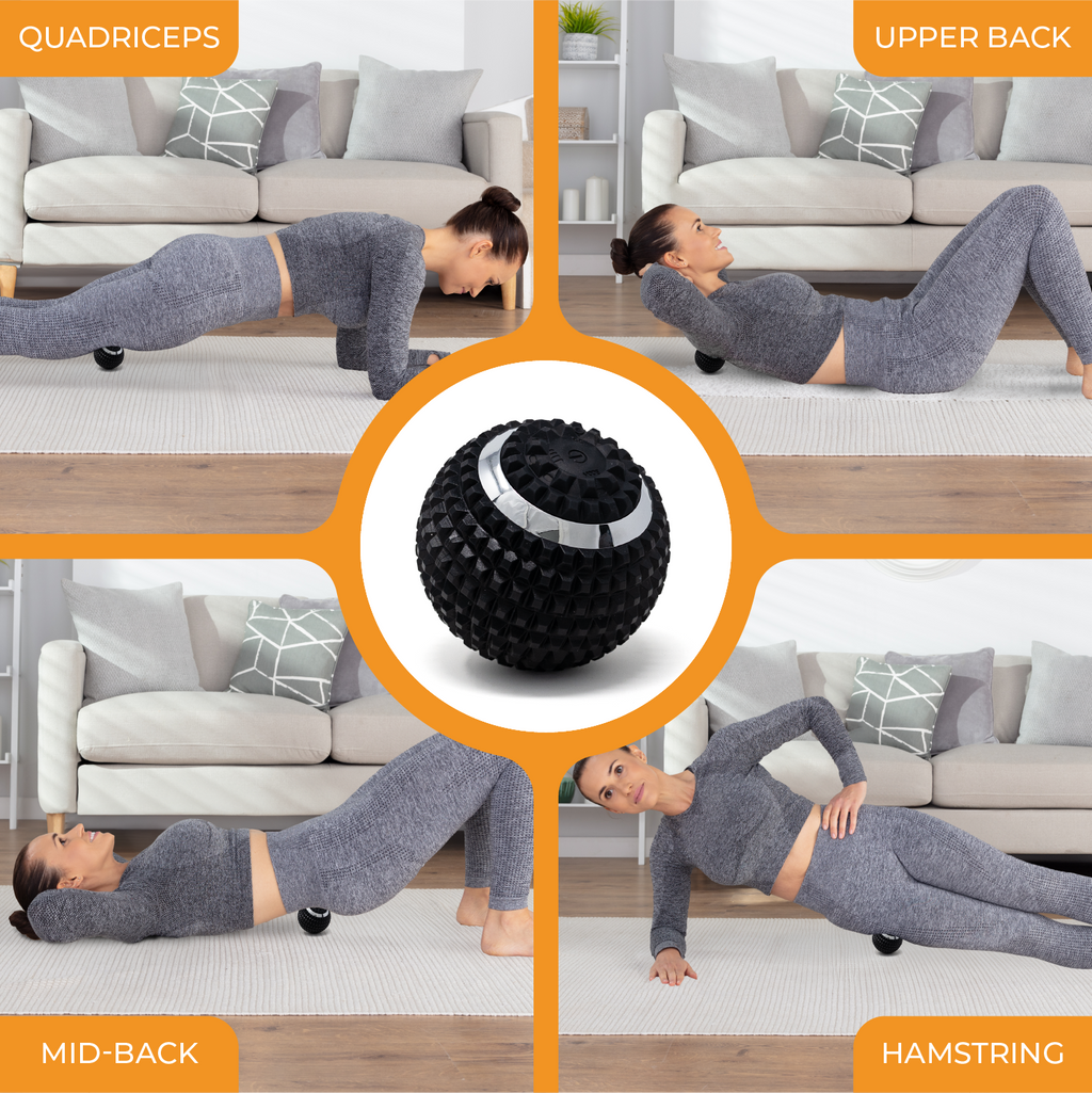 Woman performing various exercises with a massage ball in a living room setting.