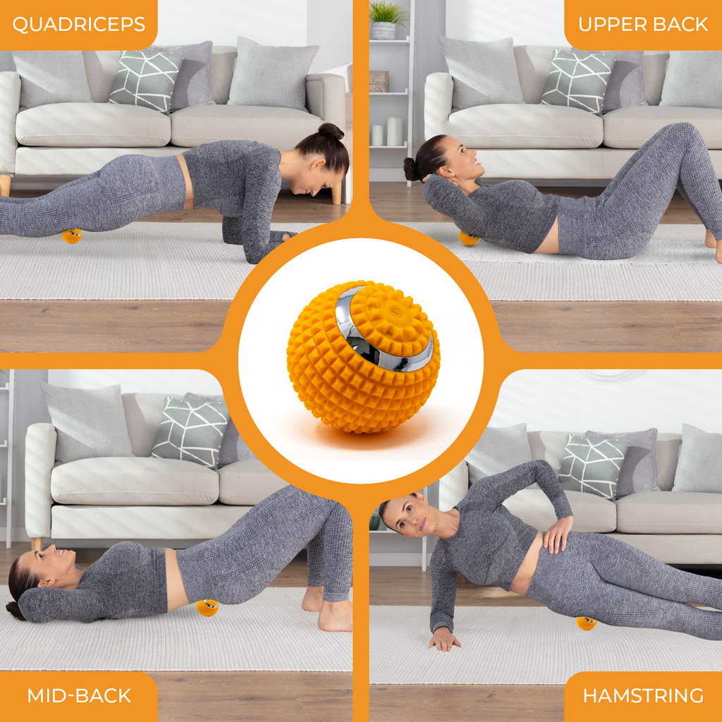 Woman performing various exercises with a focus on a massage ball in a living room setting.