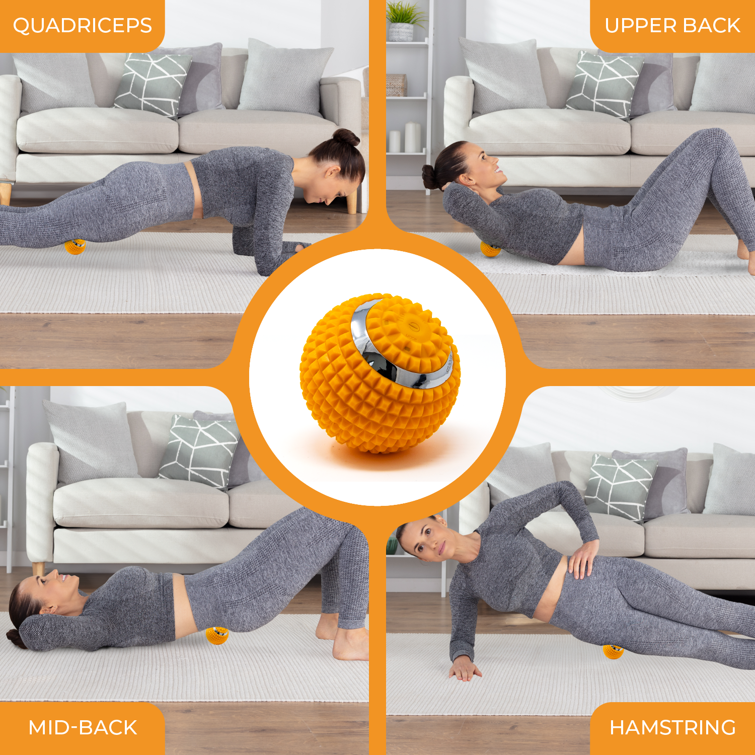 Woman performing various exercises with a focus on a massage ball in a living room setting.