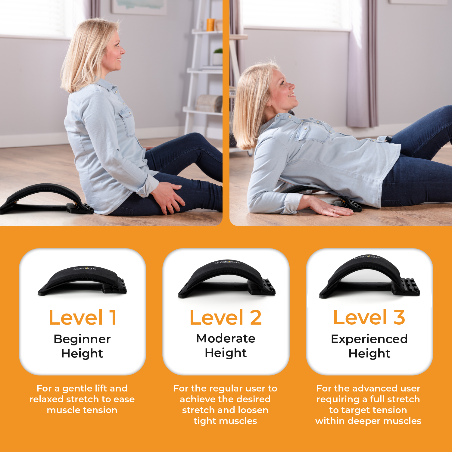 Woman using a black exercise device in a home setting with product level descriptions below.