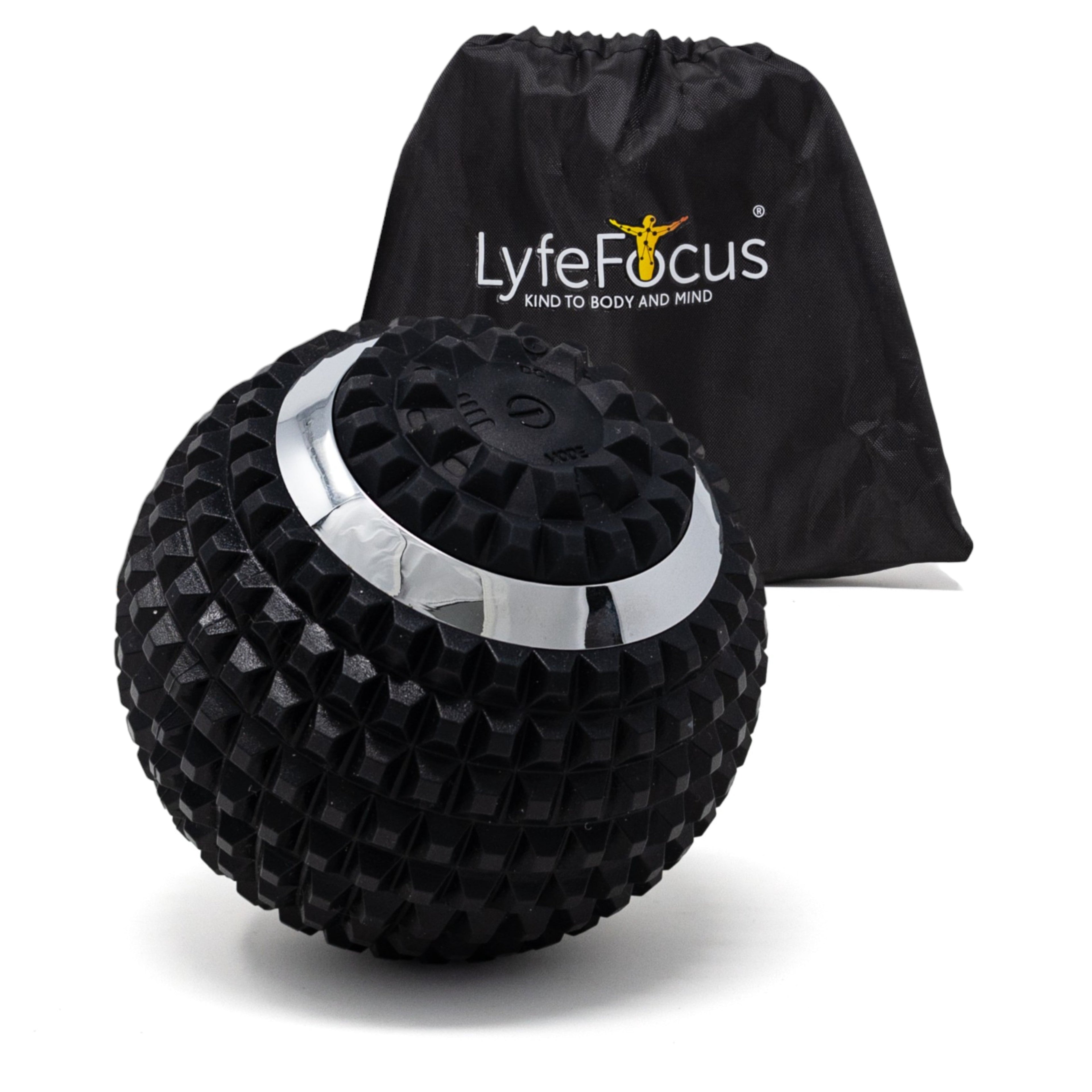 Black textured massage ball with a black drawstring bag featuring 'Lyfe Focus' logo on a white background.