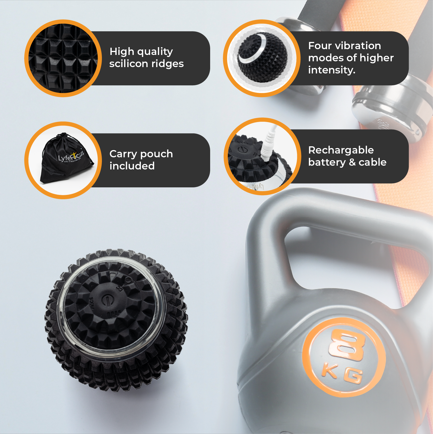 Kettlebell with vibration tool and features highlighted on a light gray background