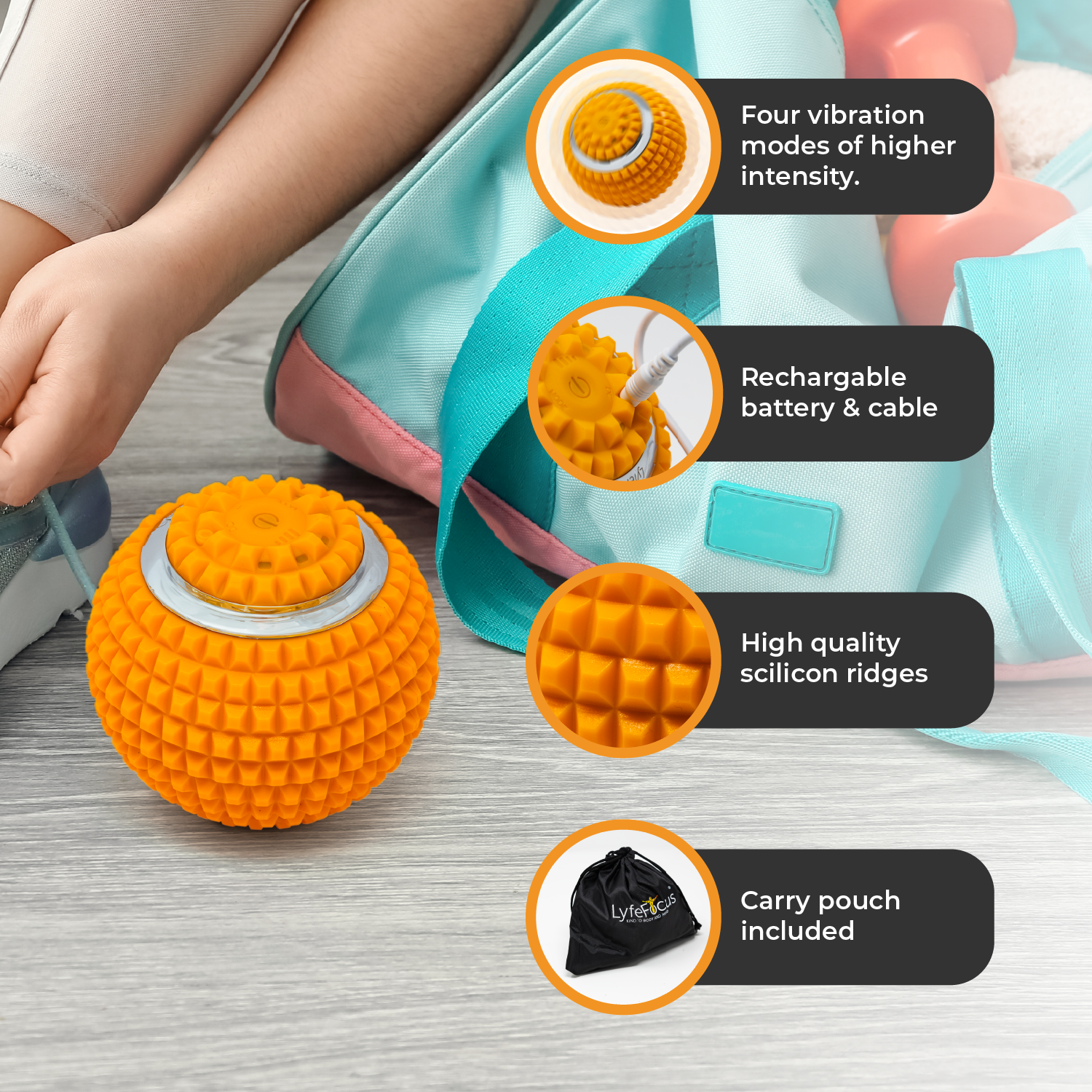 Orange massage ball with features highlighted on a gray surface
