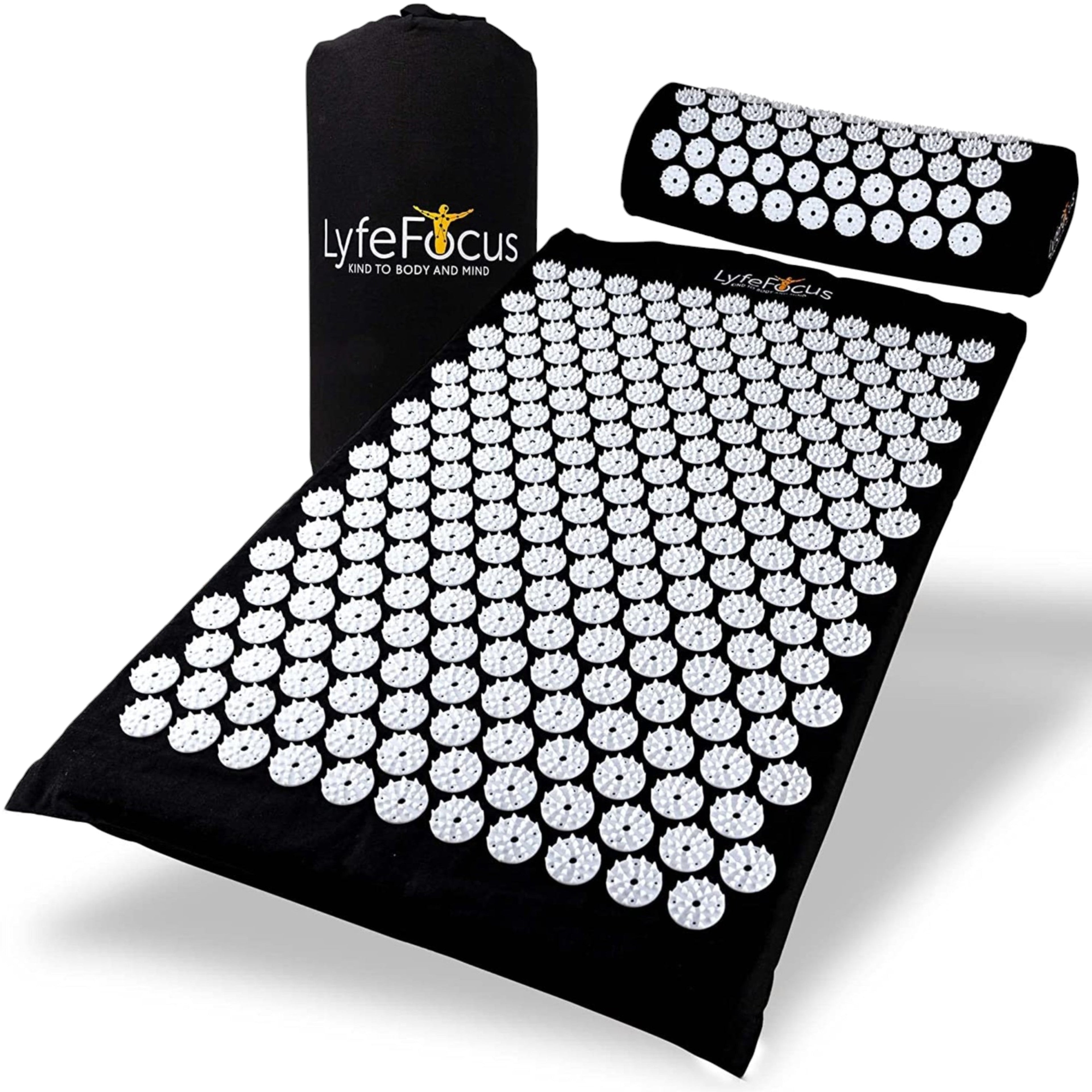 Acupressure mat and pillow set with Lyfe Focus branding on a white background