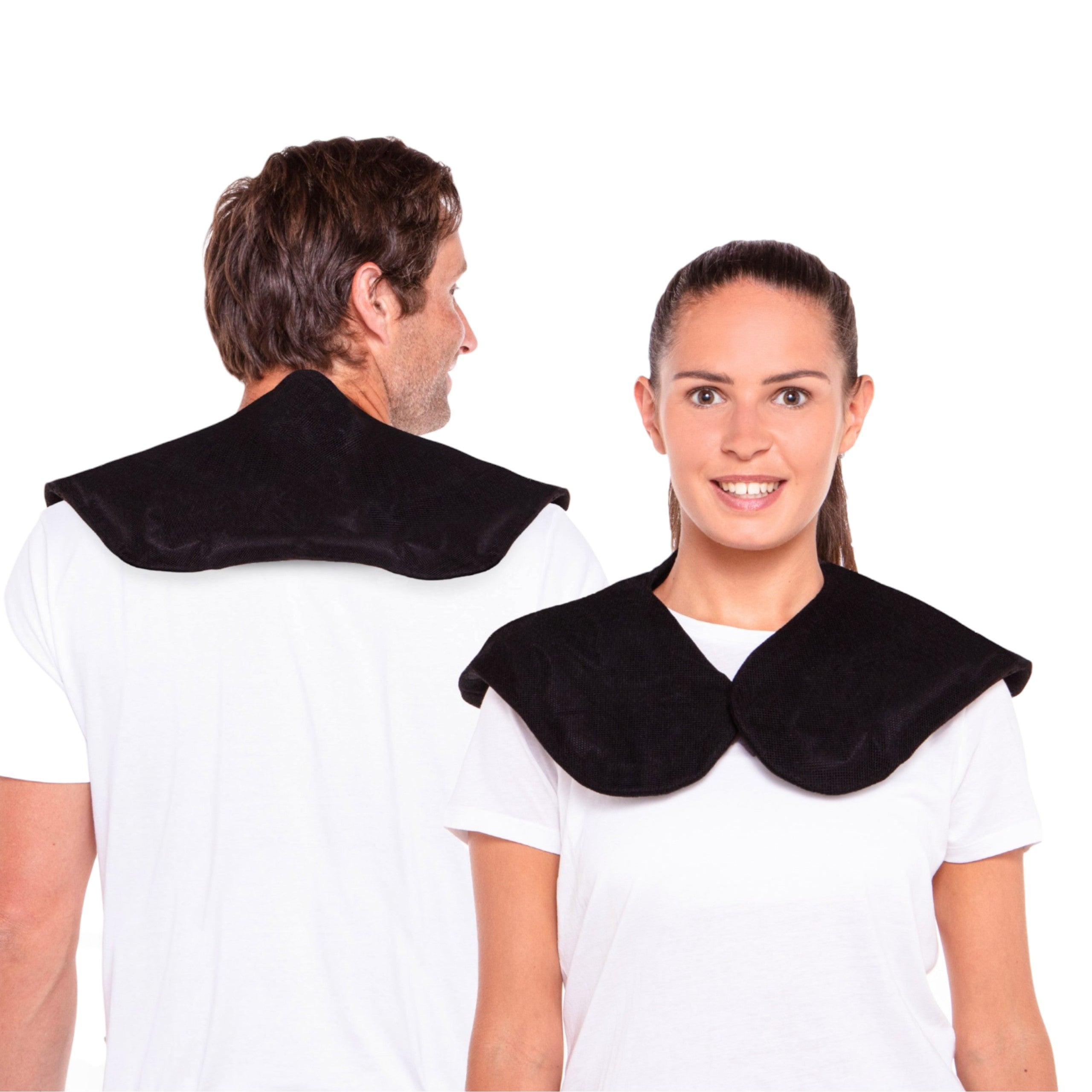 Two people wearing black collars on a white background