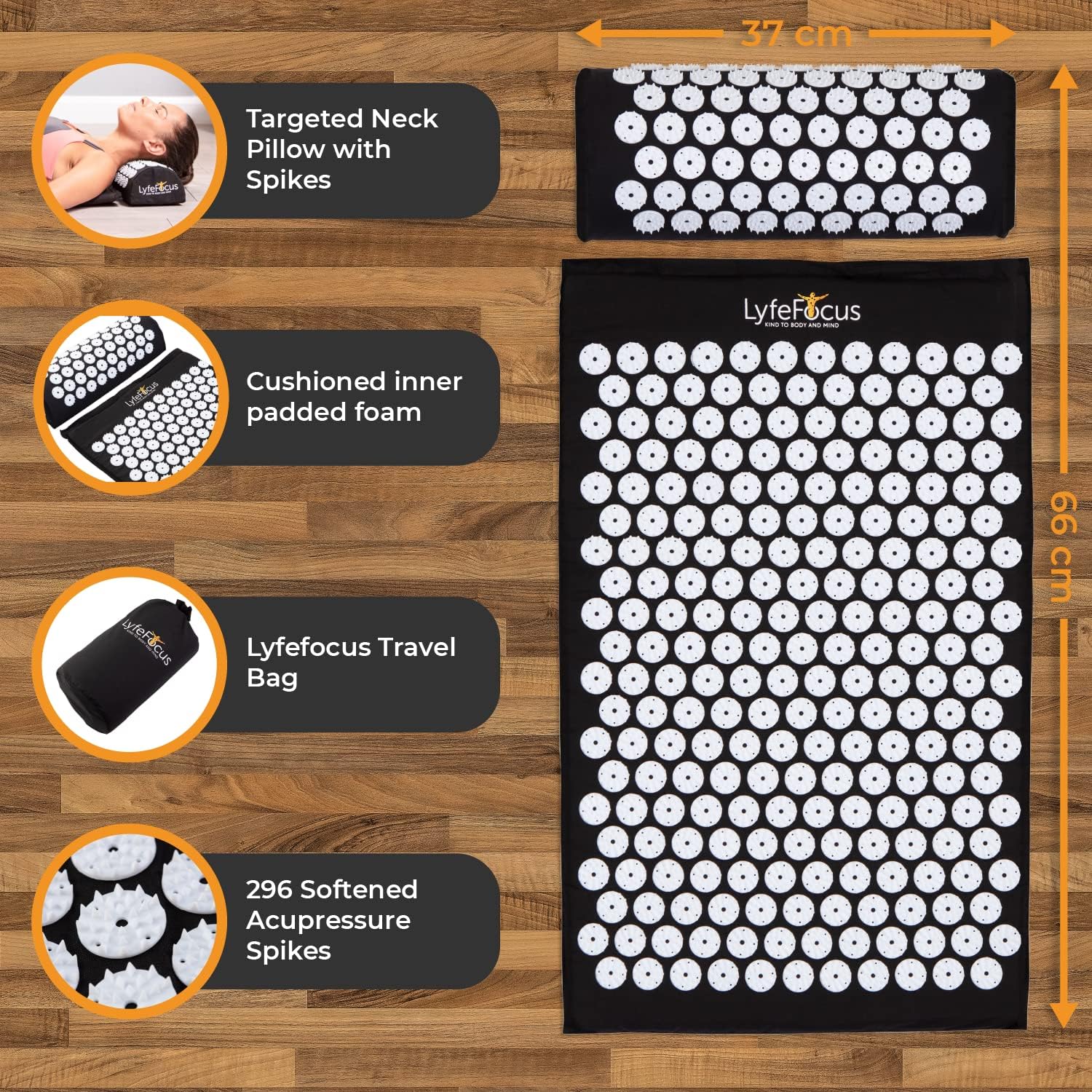 Acupressure mat with spikes on a wooden surface, featuring Lyfefocus branding.