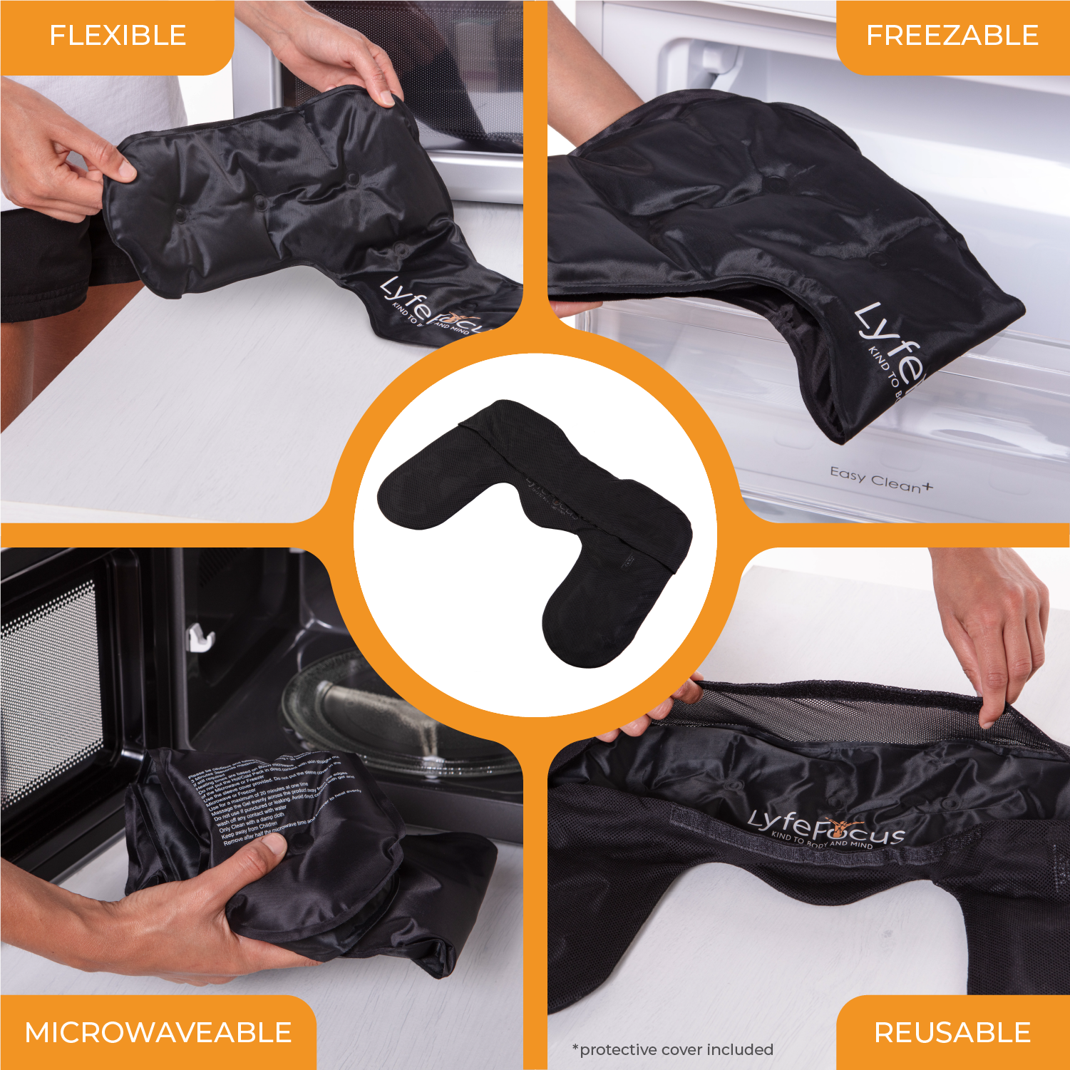 Black reusable cleaning pad with features highlighted on an orange background