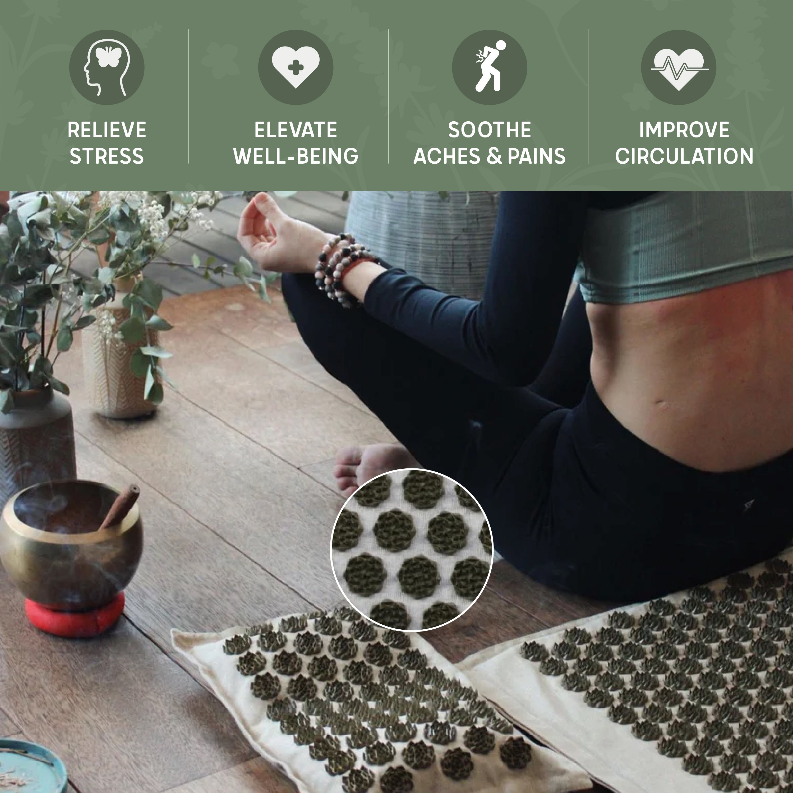 Person sitting with feet up on a wooden floor next to a mat with穴位贴, accompanied by text on benefits.