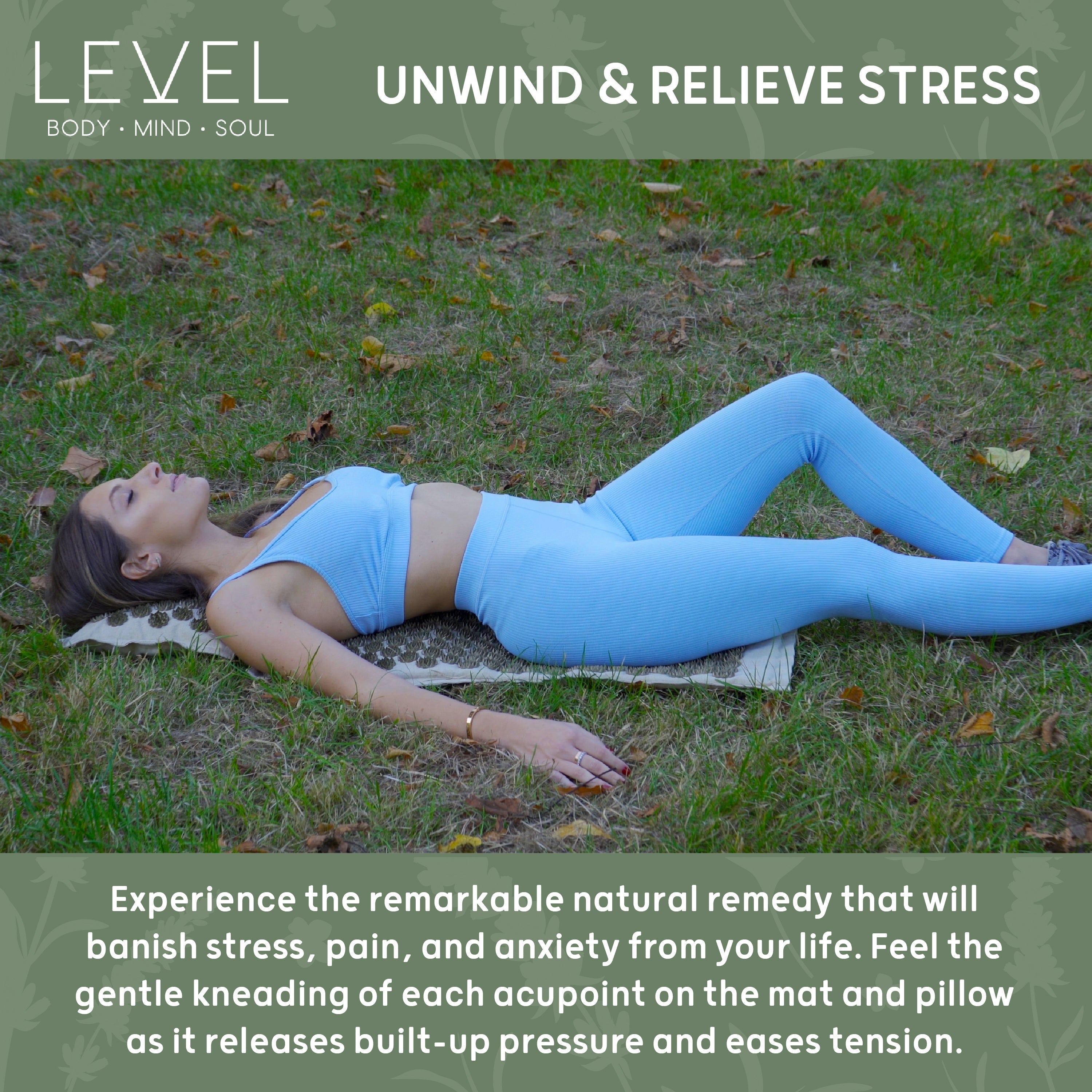 Woman lying on a mat outdoors with text promoting stress relief and natural remedies.